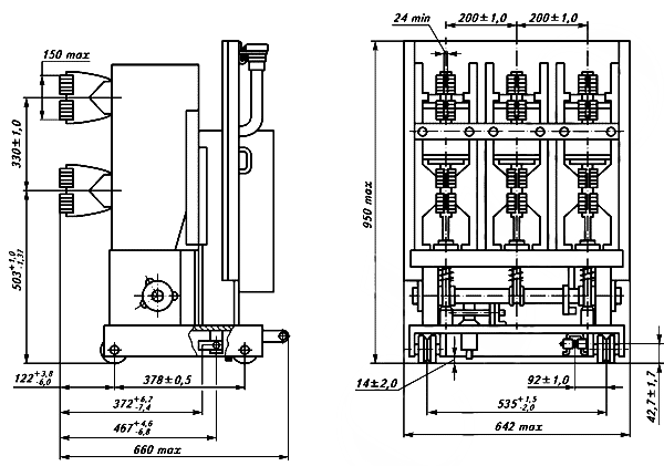 Общий вид, габаритные, установочные и присоединительные размеры выключателя ВБЭК-10-20