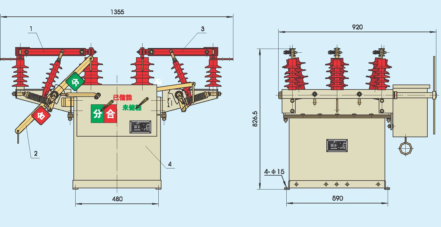 Габаритные и монтажные размеры выключателя ZW8-12 с двумя разъединителем