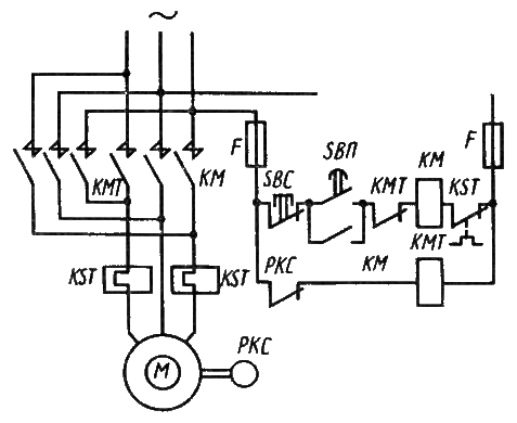 Схема управления асинхронным двигателе с использованием торможения противовключением