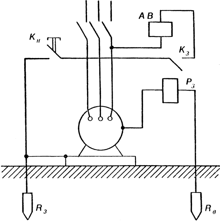 Схема защитного отключения, срабатывающего при появлении напряжения на корпусе относительно земли